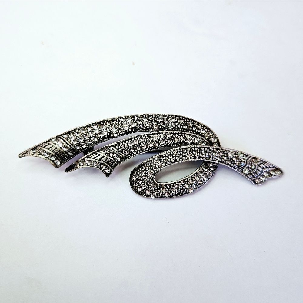 Vintage Antiqued Silver Tone Marcasite Style Swirl Rhinestone Ribbon Brooch Pin